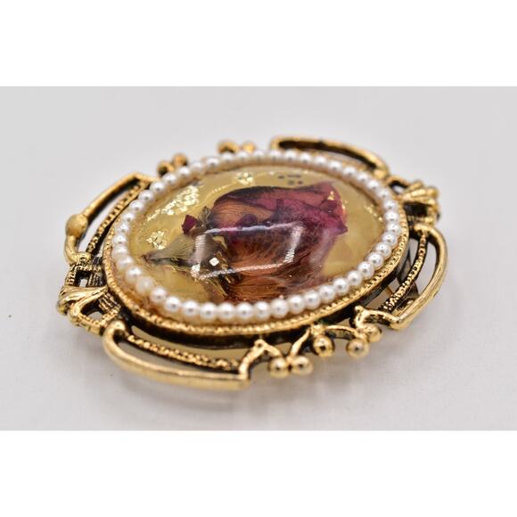 Vintage Dried Rosebud Flower Pin Brooch Antiqued Oval Romantic Chunky 70s BinBP - Picture 6 of 12
